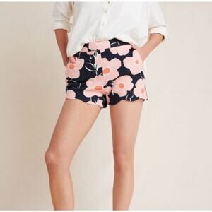 Anthropologie Georgie Scalloped‎ Floral Retro Blue Pink Shorts 4 EUC CLEAN